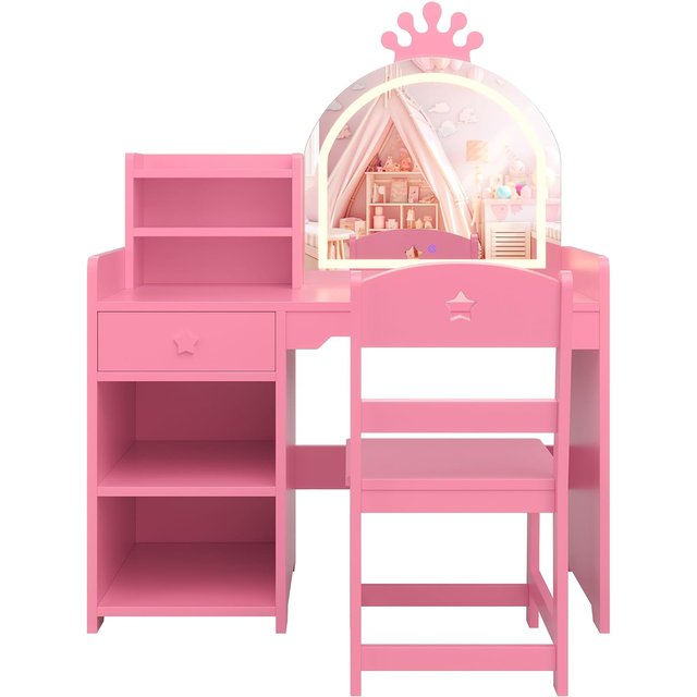 Kids Vanity with Lights, 2 in 1 Princess Makeup Vanity Desk & Chair Set, Toddler Vanity Table with Open Bookshel for Girls