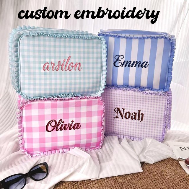 Custom Embroidered Name Cosmetic Pouch – Gingham & Stripe Ruffled Makeup Bag for women, Travel Organizer, Sweet Gift