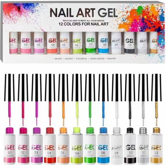 12 Color 8ML Nail Art Gel Polish Kit Soak Off UV/LED Semi Permanent Liner Varnish Gel Nail Polish Lacquer Salon Painting Designs