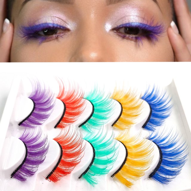 5 Pairs Mix Colored Eyelashes 3D Fluffy Colorful Strip Eyelashes Purple Blue Cosplay Makeup Eyelashes Halloween Party Lashes