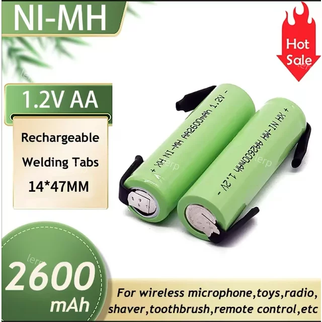 1.2V AA Rechargeable Battery 2600mAh NI-MH Cell Green Shell with Welding Tabs for Philips Electric Shaver Razor Toothbrush