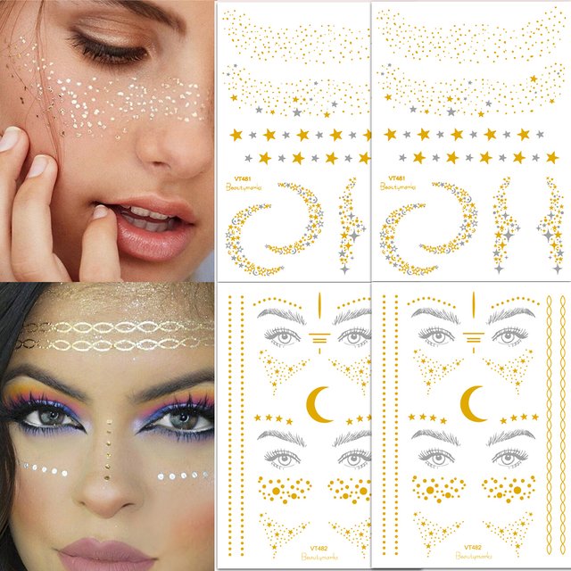 Freckle Face Temporary Tattoo Sticker Waterproof Disposable Corner Makeup Stage Eye Decal Golden Flash Tattoo Party Decorations