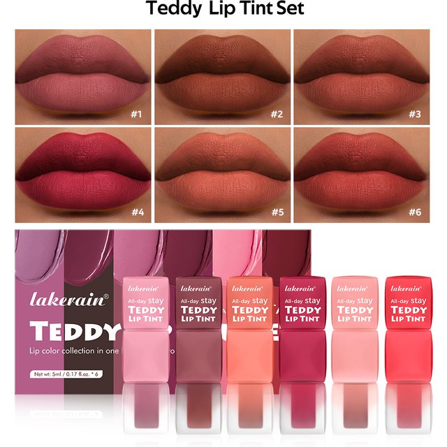 Lip Stain Set Teddy Tint Lip Color Tear Lip Gloss Super Stay Long-Lasting Coloring 12H Matte Texture WaterproofLipstick Cosmeti