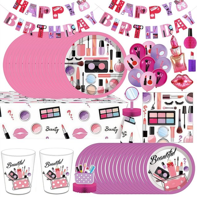 Spa Make up Party Supplies Cosmetic Disposable Plates Tableware Cups Napkins Balloons for Girls Favor Birthday Party Decoration