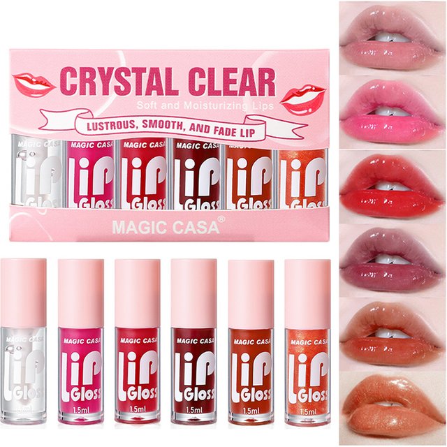 MAGIC CASA 6-Piece Set Water-Gloss Jelly Lip Oil - Plumping, Hydrating, Makeup Base, Long-Lasting Moisture