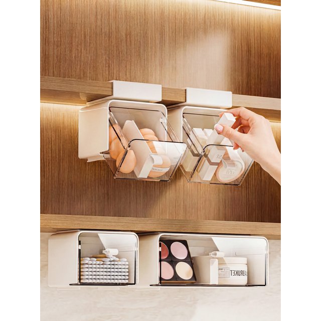 Large Capacity Transparent Plastic Makeup Organizer Drawer Style Storage Box Self Adhesive Space Saving for Home Garden