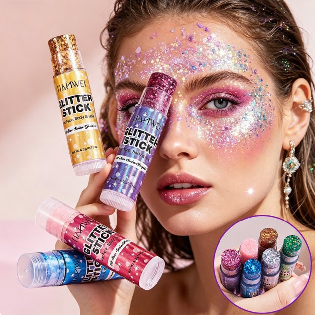 6-Pack Glitter Stick Set, Sequin Gel Face, Waterproof and Sweat Proof, Long-Lasting Shine, Multiple Colors, A Shiny Makeup Look