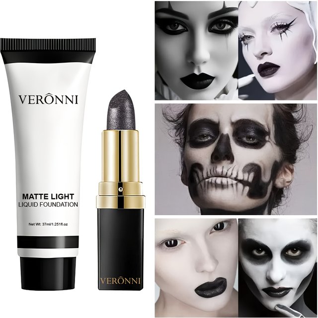 37ml Full Coverage Matte White Liquid Foundation with Black Shimmer Lipstick,SFX Makeup Kit for Halloween,Goth,Zombie Clown