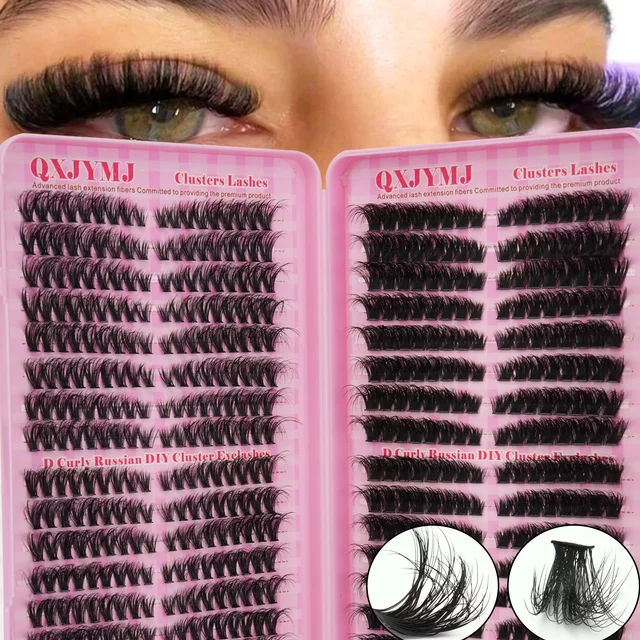 32 Rows D Curly Russian DIY Cluster Lashes Wispy Fluffy Individual False Eyelashes DIY Eyelash Extensions for women Eye Makeup