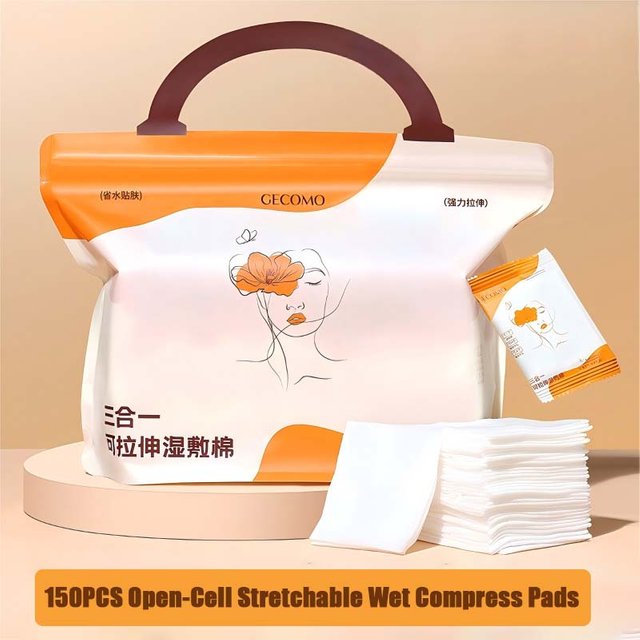 150Pcs Stretchable Wet Compress Cotton Pads Soft Skin-Friendly Open Type Cosmetic Cotton Single Packaging for Easy Carry