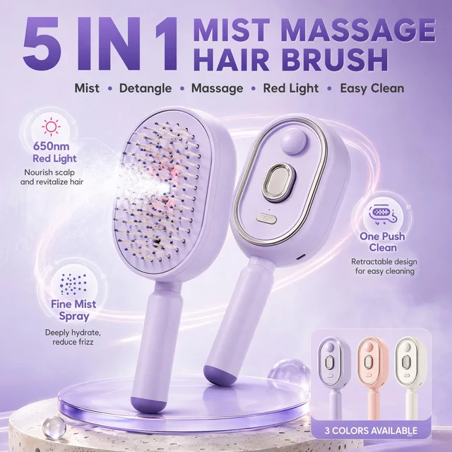 Self Cleaning Hair Brush with Mist Spray Scalp Massager Anti Frizz Detangling Comb Portable Rechargeable Hair Care Tool