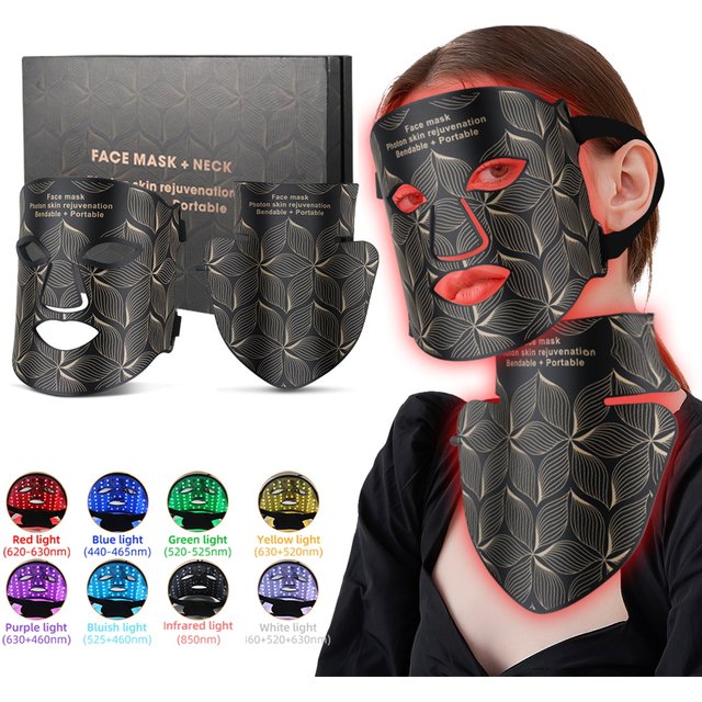 Masque Facial LED avec cou 8 couleurs, rouge proche infrarouge, contrôle de l'huile photonique du visage et du cou, raffermissement de la peau, blanchiment et Anti-rouge