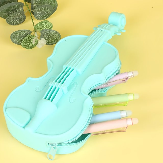 Violin Pencil Case with Musical Note Cutouts, Cute Silicone Pen Box & Makeup Pouch, Gift for Music Lovers, School Office Decor