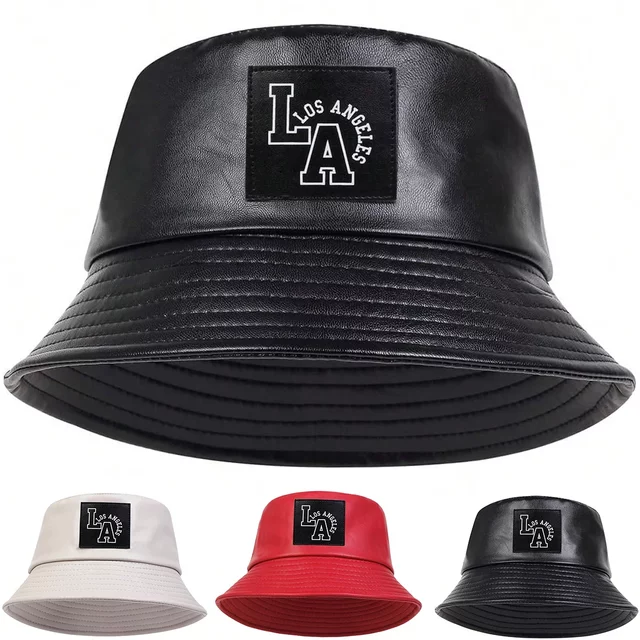 Unisex LA Letter Label Personality Pu Leather Bucket Hats Fishermen Caps Outdoor Casual Cap Sunscreen Hat