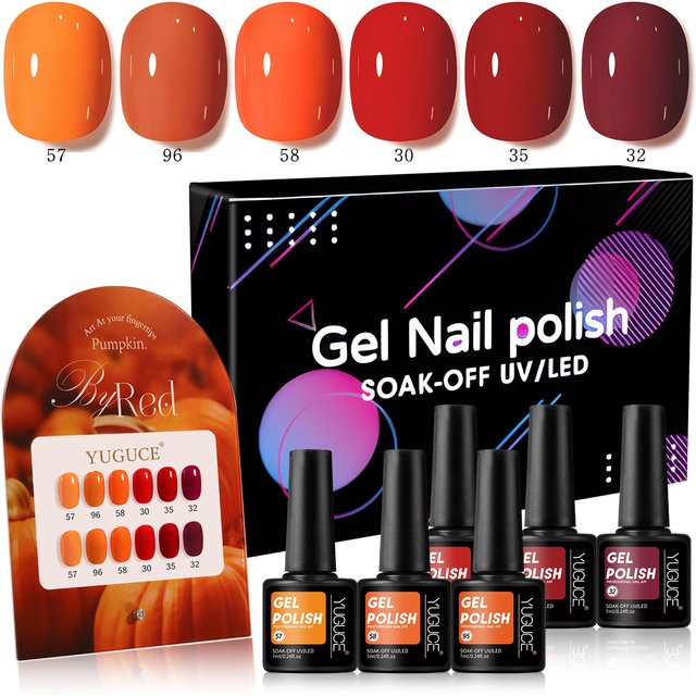 Six-piece pumpkin autumn gel nail polish set, UV LED gel nail polish, orange-red, burgundy, warm autumn tones, high gloss, DIY home nail salon manicure supplies, suitable for women