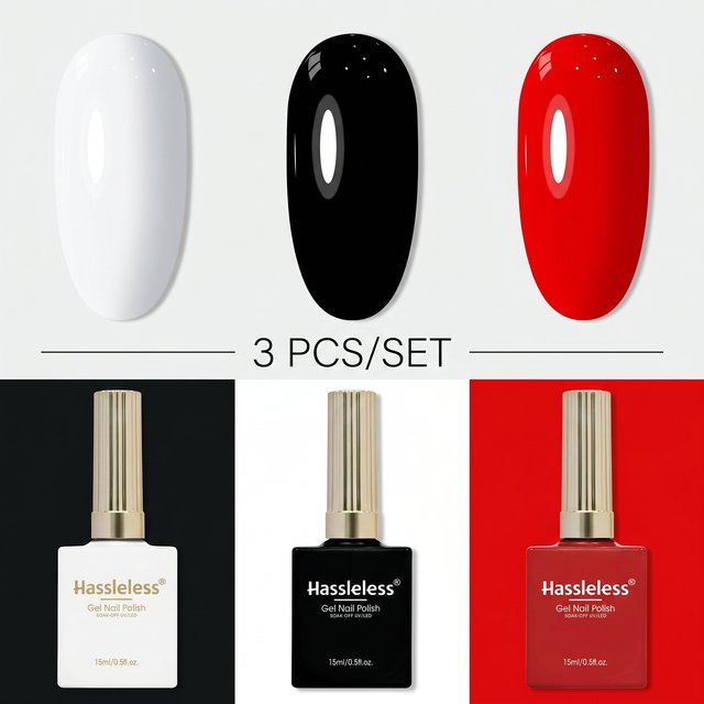 Hassleless 3-Piece Gel Nail Polish Set: Classic Red, White, and Black; Long-Lasting, LED Removable, Hypoallergenic, Alcohol-Free