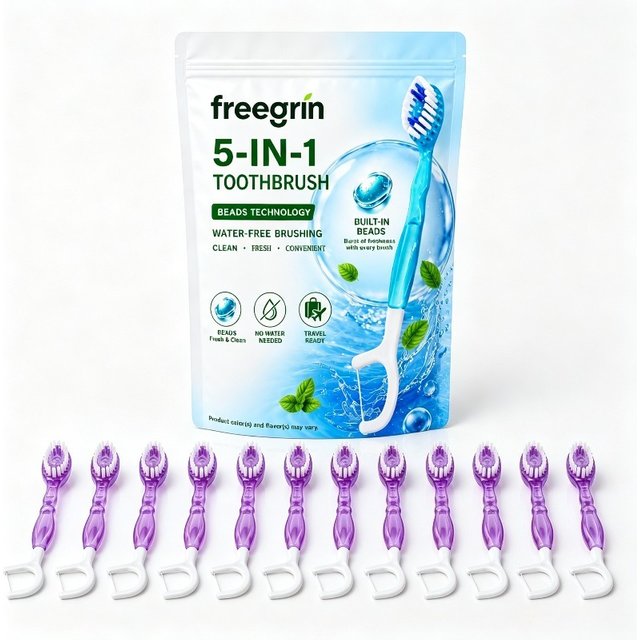5-in-1 Disposable Travel Toothbrush 12Pcs Cherry Blossom, Individually Wrapped Soft Brush with Toothpaste Floss Pick Tongue Scra