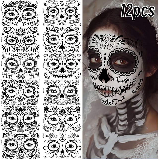 12Pcs Black Halloween Face Tattoos Stickers Flower Skull Lace Temporary Tattoos for Day Of The Dead Body Facial Makeup Decor NL