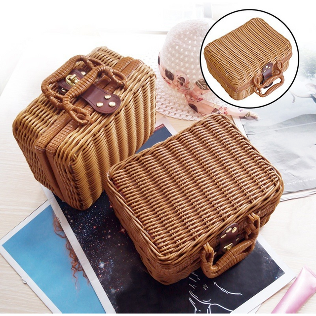 Portable PP Rattan Baskets Picnic Storage Basket Retro Wicker Suitcase Woven Hand Gift Box Sundries Cosmetic Organizer Boxs