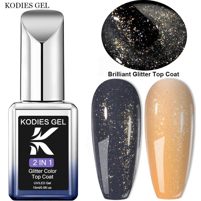 KODIES GEL Brilliant Glitter Top Coat Gel Nail Polish 2 IN 1 Shimmer Gold Gel Finish Cover No Sticky All for Manicure Nails Art