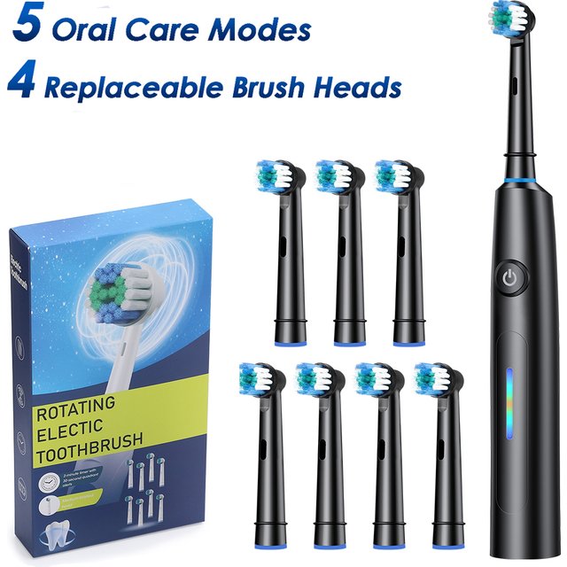 Rotary Electric Toothbrush Rechargeable Toothbrush For Adults 5 Mode Deep Cleaning Whitening Teeth Brush With 4 Replacement Head