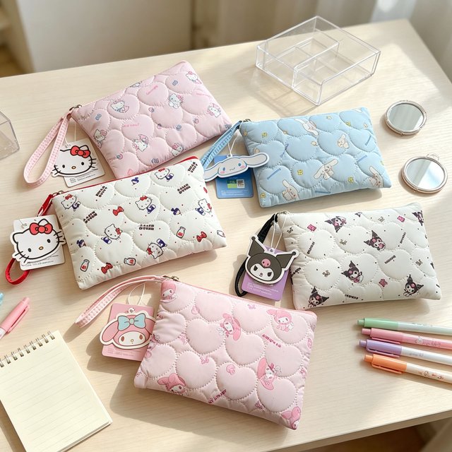 Kawaii Heart Quilted Makeup Bag Cute Cartoon Printed Zipper Storage Bag Wristband Large Capacity Storage Bag