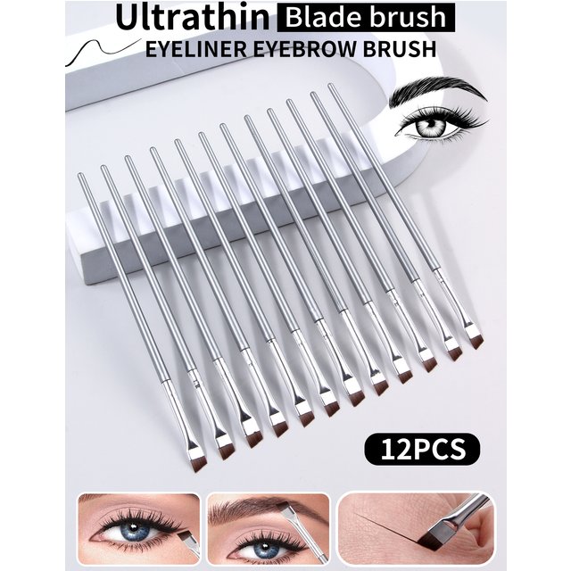 12pcs Silvery Super Thin Blade Eyeliner Brush & Soft Makeup Brush Set, Portable Eyebrow Brush & Multipurpose Cosmetic Tool
