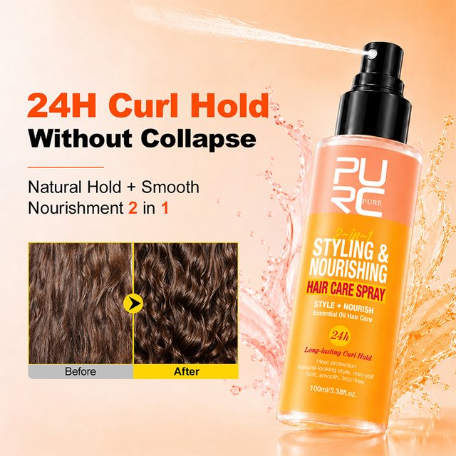 PURC 2‑in‑1 Styling Nourishing Hair Care Spray Essential Oil Heat Protection Long Lasting Curl Hold Anti Frizz Hair Care Product