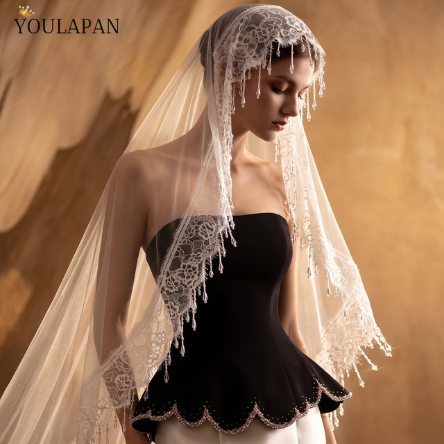 TOPQUEEN Lace Velo De Novias Crystal Beaded Tassel Mantilla Eyelash Lace Powder Blusher Veil Wedding Accessories V395