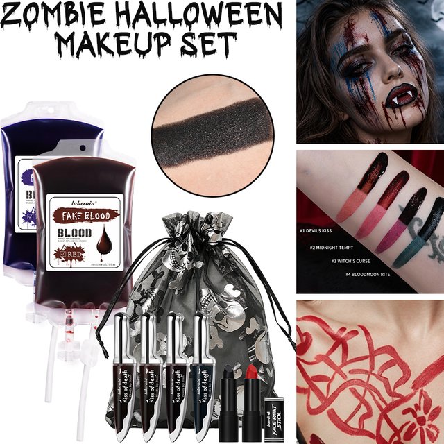 Halloween Zombie Horror Makeup Set Fake Blood Bags Knife Lip Stain Face Paint Skull Bag for Cosplay Scary Party 8 Pcs Makeup Kit