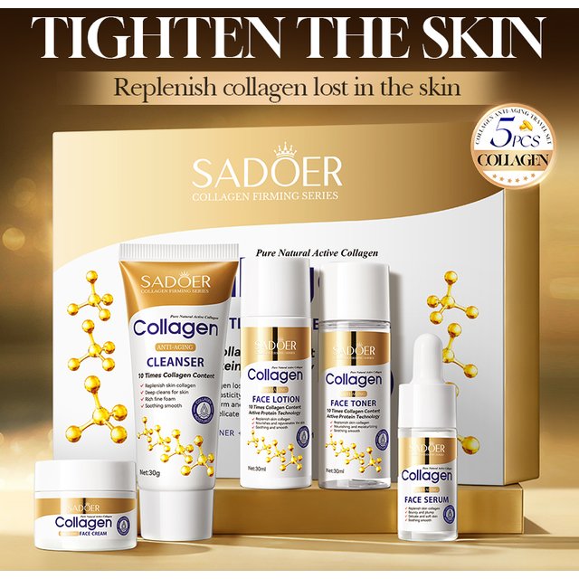 5-teiliges SADOER Kollagen Hautpflege-Set Feuchtigkeitsspendende Gesichtscreme Augencreme Serum Essenz Aufhellende Anti-Aging Gesichtspflege-Kit