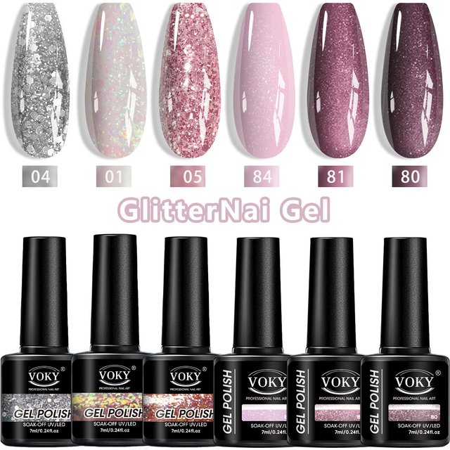 6pcs Set Sparkly Rainbow Shimmery Nail Gel Polish,Bright Pink Nail Polish Gel Suitable for Girls Women Manicure Lovers