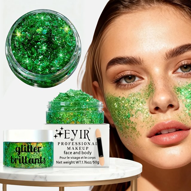 50g Green Facial & Body Glitter Gel, Green Face Makeup Brush Set, Full-Holographic Glitter for Party Body/Head/Nail Painting
