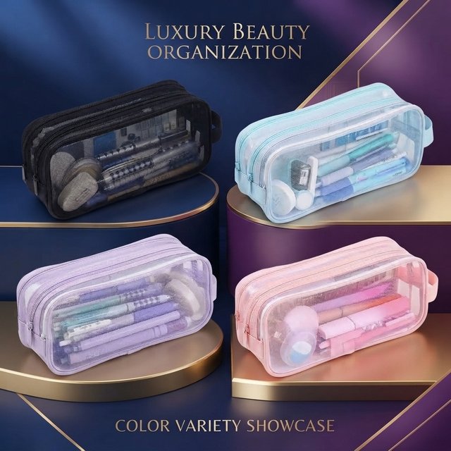Large Mesh Pencil Case Double Layer Transparent Pencil Pouch, Handheld Multifunctional Cosmetic Bag, Suitable for School Office