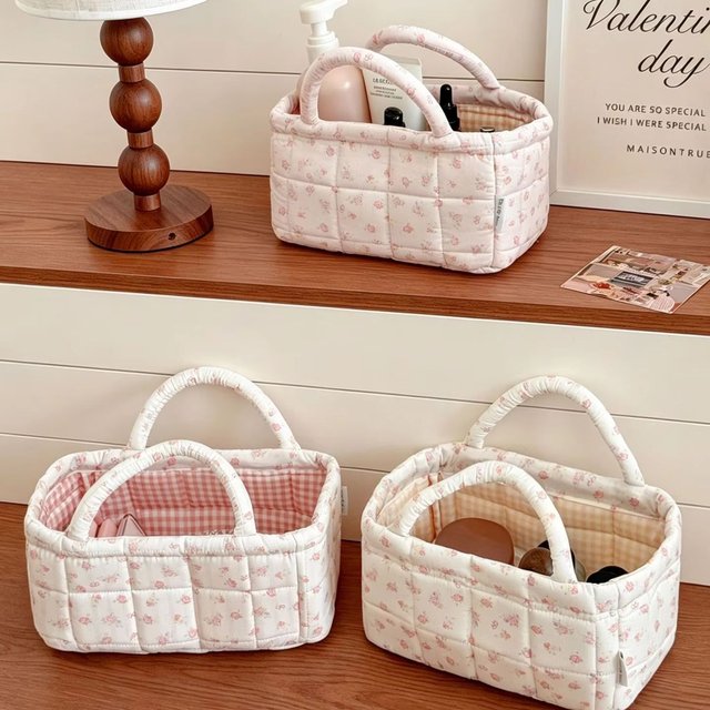 YT Floral Quilted Storage Basket, Soft and Large Capacity, Portable Makeup Bag, Desktop Cosmetic Organizer for Multiple Scenario