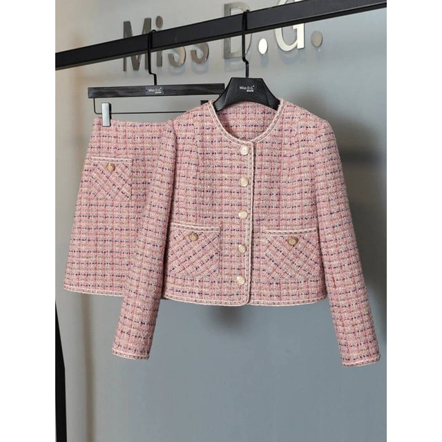 Ensemble deux pièces en tweed vintage pour femme, petit parfum, haut court, veste courte en laine, manteau + mini jupe, olympiques roses