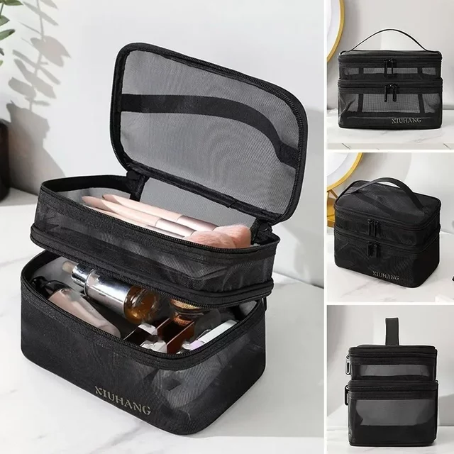 Fashion Transparent Mesh Travel Cosmetic Bag Storage 2 Layer Toiletry Bag Large Capacity Make Up Organizer Bag Women's