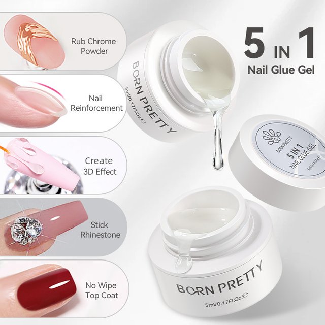 BORN PRETTY 5ml 5 IN 1 Glue Gel Nail Polish No Wipe Top Coat Reinforcement Nail Art Soak Off UV Gel Varnish 3D Rhinestone Decor