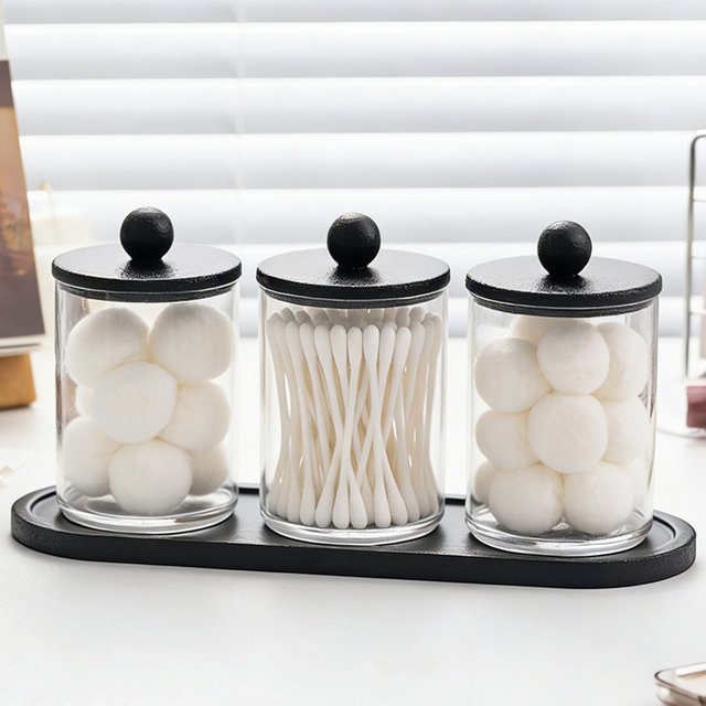 Clear Acrylic Cotton Swab Holder with Black Lid Qtip Makeup Pad Storage Jar Dustproof Bathroom Organizer Balls Floss Toothpicks