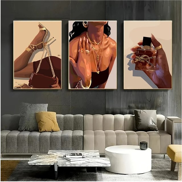 3PCS--3PCS Modern Black Woman Canvas Print, Fashion Lady Perfume High Heels Art For Living Room Wall Decoration