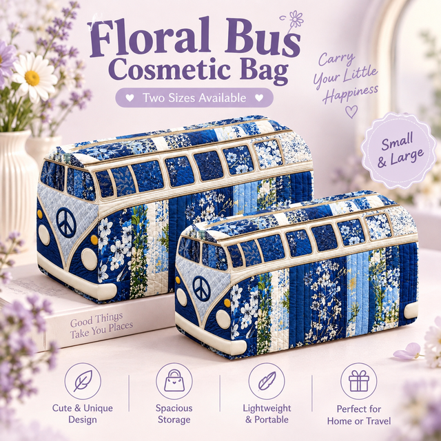 Floral Bus Cosmetic Bag Blue Patchwork Zipper Pouch Vintage Van Travel Toiletry Organizer Pencil Case Makeup Storage Bag Women