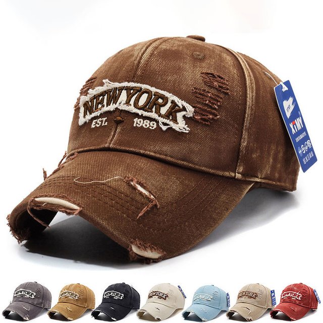 Letter New York Broken Hole Baseball Cap Washed Cotton Adjustable Embroidery Baseball Cap Sunscreen Hats For Man Women Fashion