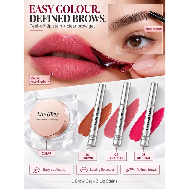 Life Girls Clear Eyebrow Gel & 3 Peel Off Lip Stains, 4-Piece Makeup Set, Waterproof Brow Styling Gel, Long Lasting Transfer Resistant Lip Tint, Easy to Apply Lip Colour in Brown, Cool Rose and Hot