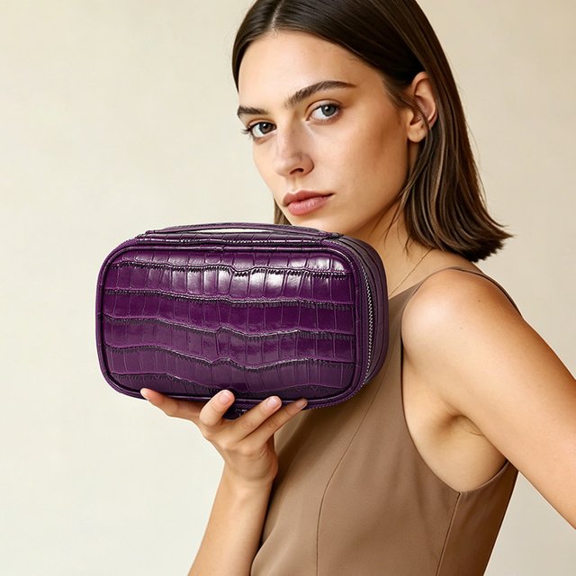 Genuine Leather Crocodile Pattern Purple Cosmetic Bag for women, Portable Travel Toiletry Bag, Cowhide High-Appearance Storage