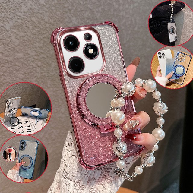 Bling Glitter Lipstick Mirror Stand Phone Case For Tecno Spark 10 Pro 4G With Pearl Chain Women's Anti-drop Shockproof Cover