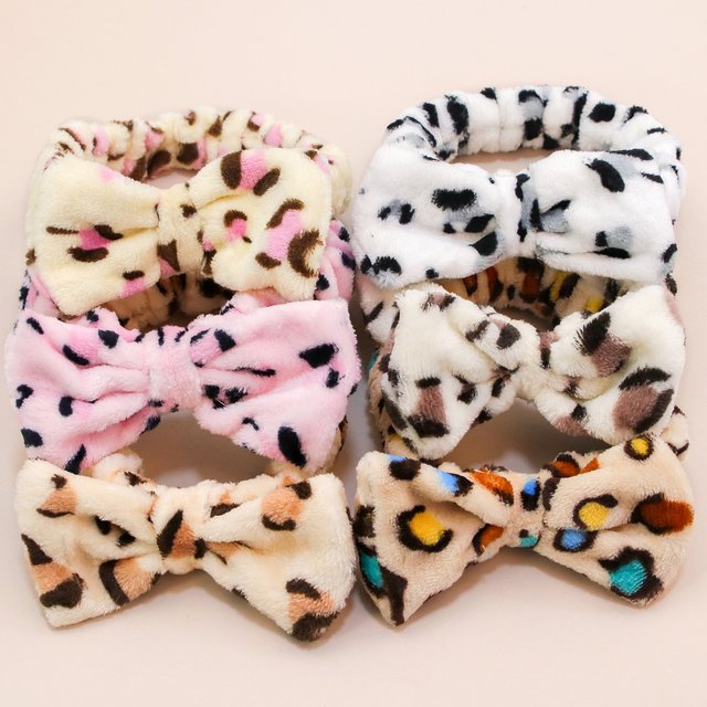 Leopard Spa Headband Coral Fleece Makeup Headband Soft Face Wash Headbands Facial Head Wraps Cute Bow Head Bands for women Girls