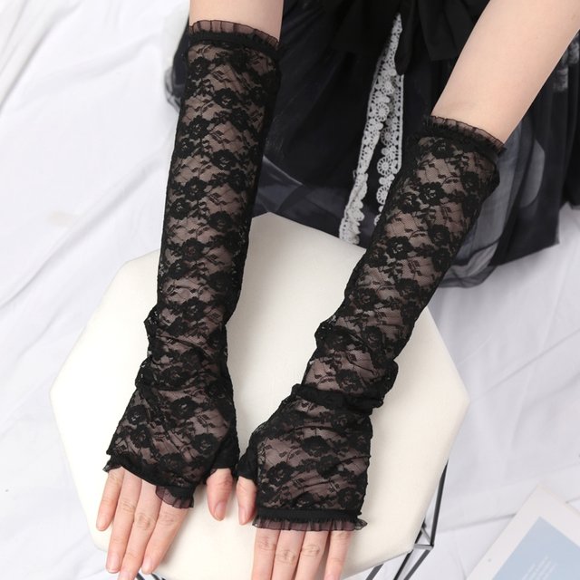 Cute Girls Summer Sunscreen Lace Arm Sleeve Women Long Mesh Yarn Arm Cover Sun UV Protection Fingerless Arm Cuffs Driving Gloves