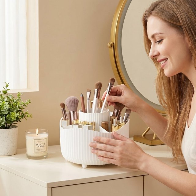 360° Rotating Dressing Table Storage Box Transparent Adjustable Makeup Brush Holder Desk to Bathroom Waterproof Storage