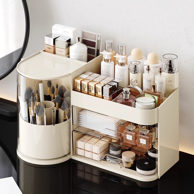  Boîte de rangement de maquillage, rangement de grande capacité, porte-brosse rotatif, support de parfum et de rouge à lèvres-organisateur de bureau spacieux