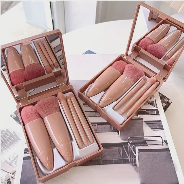 1sets 5Pcs Portable Makeup Brush Set With Mirror - Foldable Travel Kit ,Mini Makeup Brush Set Travel Makeup Brush Set